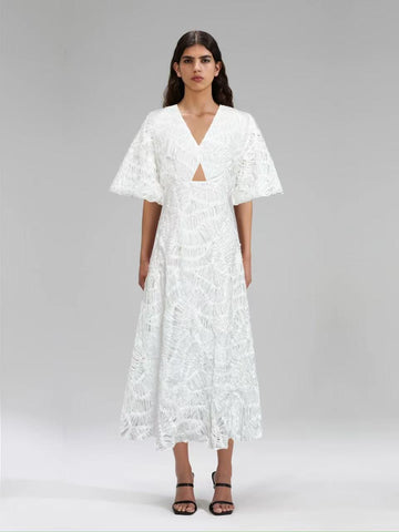 2025 Spring New V-Neck Bubble Sleeve Hollow Solid Color Dress Dress Woman